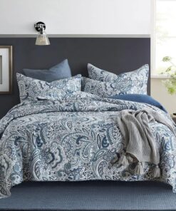 Autumn Dream Cotton Bedspread Quilt Sets, 3 Pieces Reversible Comforter Coverlet Sets,Blue Floral Paisley,Queen Size