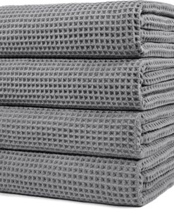 POLYTE 430 GSM Microfiber Oversize Quick Dry Lint Free Bath Towel, 60 x 30 in, 4 Pack (Waffle Weave)