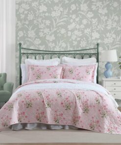 Laura Ashley - Twin Quilt Set, Reversible Cotton Bedding with Matching Sham, Medium-Weight for Year Round Use, Dorm Essentials, Coquette Room Decor (Veronicas Bouquet Pink)
